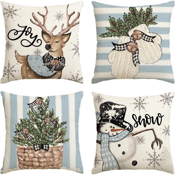 18' x 18'' Christmas Snowman Reindeer Gloves Eucalyptus Blue Throw Pillow Cover - Picture 1 of 7